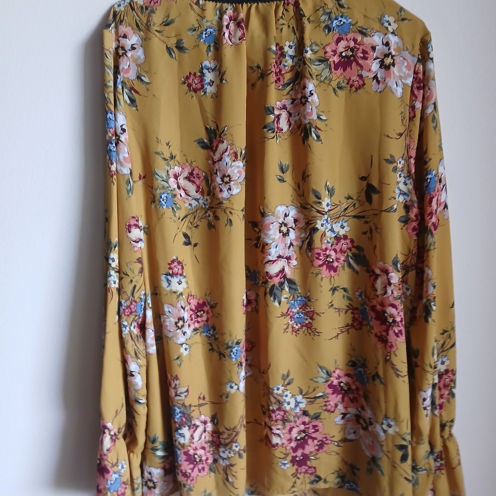 Zac & Rachel Women's Size XL Floral Keyhole Long Sleeve Yellow Multi Blouse - Picture 8 of 10